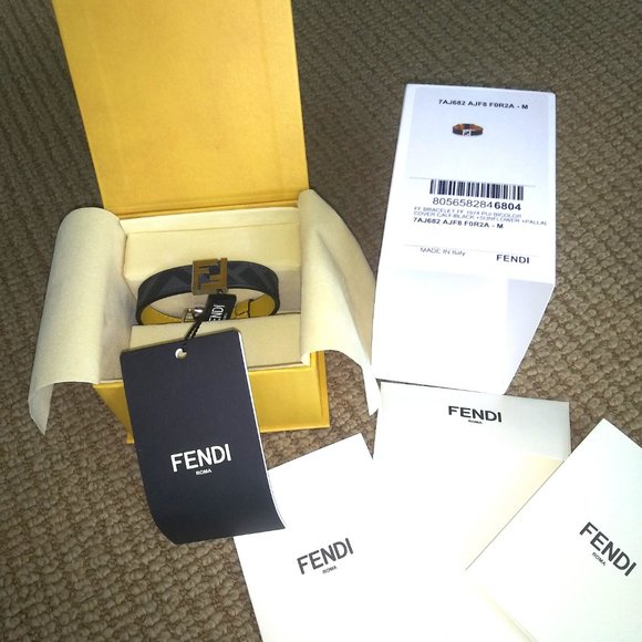 FENDI 'FF Metal Logo Reversible Bracelet' Men's Canvas & Leather M Gry/Ylw NWT! - Picture 2 of 16